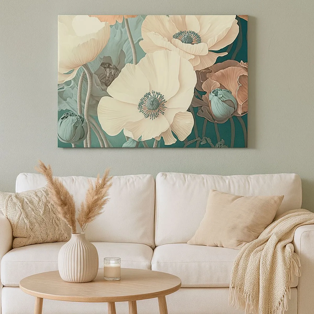 Quadro em tela - Flores elegantes em tons pastéis sobre fundo verde - 70x50cm - O sussurro das papoulas - Decoração de parede moderna para a sala de estar e quarto ARTTOR