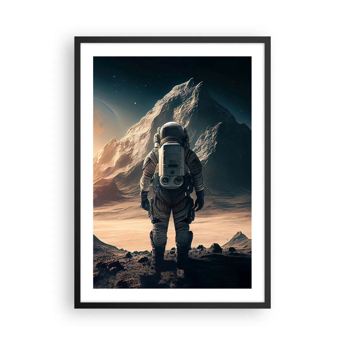 Pôster com moldura preta - Astronauta em um planeta alienígena sob a luz das estrelas - 50x70cm - Novo desafio - Decoração de parede moderna para a sala de estar e quarto ARTTOR