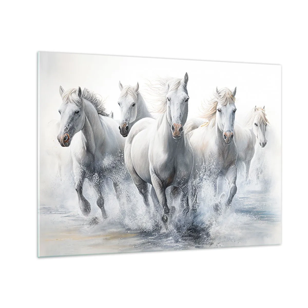 Quadro em vidro - Cavalos brancos galopando pela água em uma composição dinâmica - 70x50cm - Magia branca - Decoração de parede moderna para a sala de estar e quarto ARTTOR