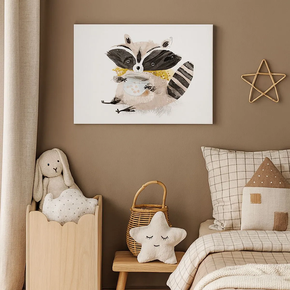 Quadro em tela - Guaxinim adorável segurando uma caneca de cor pastel - 70x50cm - O meu amigo guaxinim - Decoração de parede moderna para a sala de estar e quarto ARTTOR