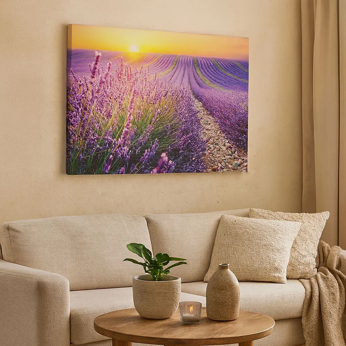 Quadro em tela - Campo de lavanda ao pôr do sol - 70x50cm - Prado perfumado - Decoração de parede moderna para a sala de estar e quarto ARTTOR