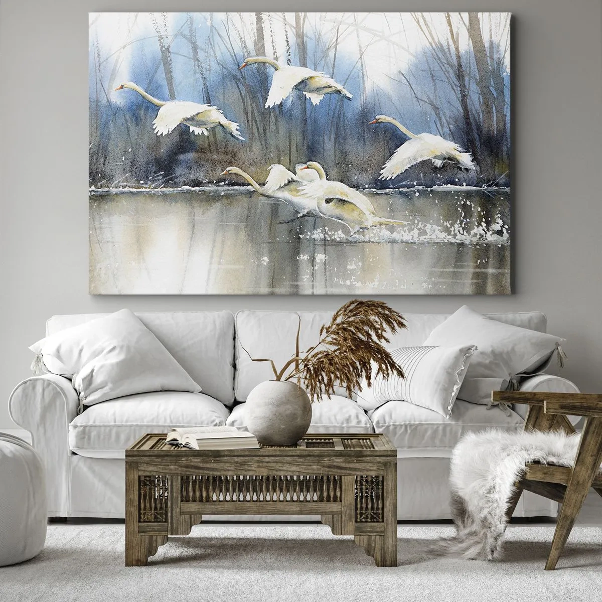 Quadro em tela - Cisnes voando sobre um lago congelado em uma paisagem de inverno - 70x50cm - Como no conto de fadas sobre cisnes selvagens - Decoração de parede moderna para a sala de estar e quarto ARTTOR
