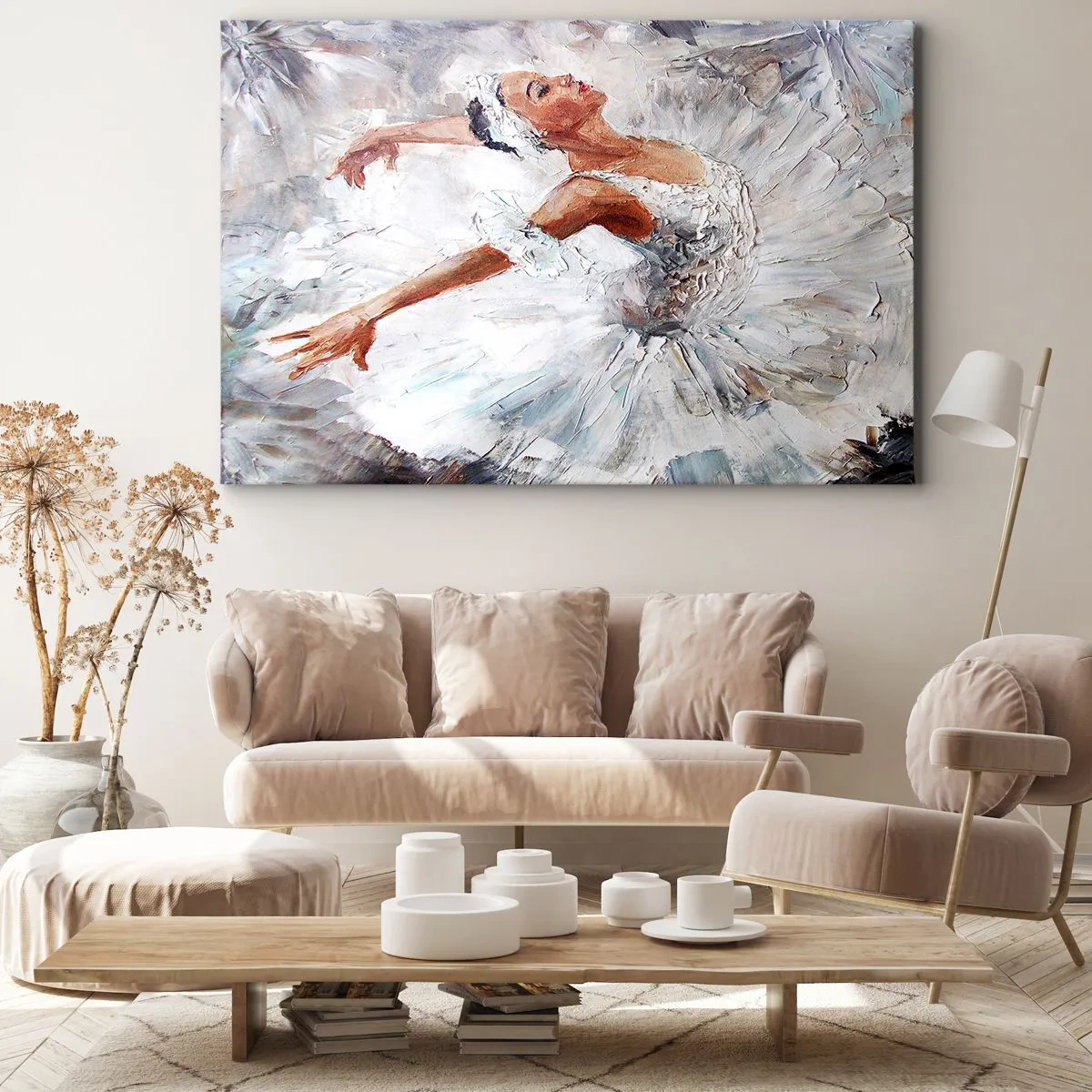 Quadro em tela - Uma bailarina de vestido branco dançando - 70x50cm - Delicado e leve como tule - Decoração de parede moderna para a sala de estar e quarto ARTTOR