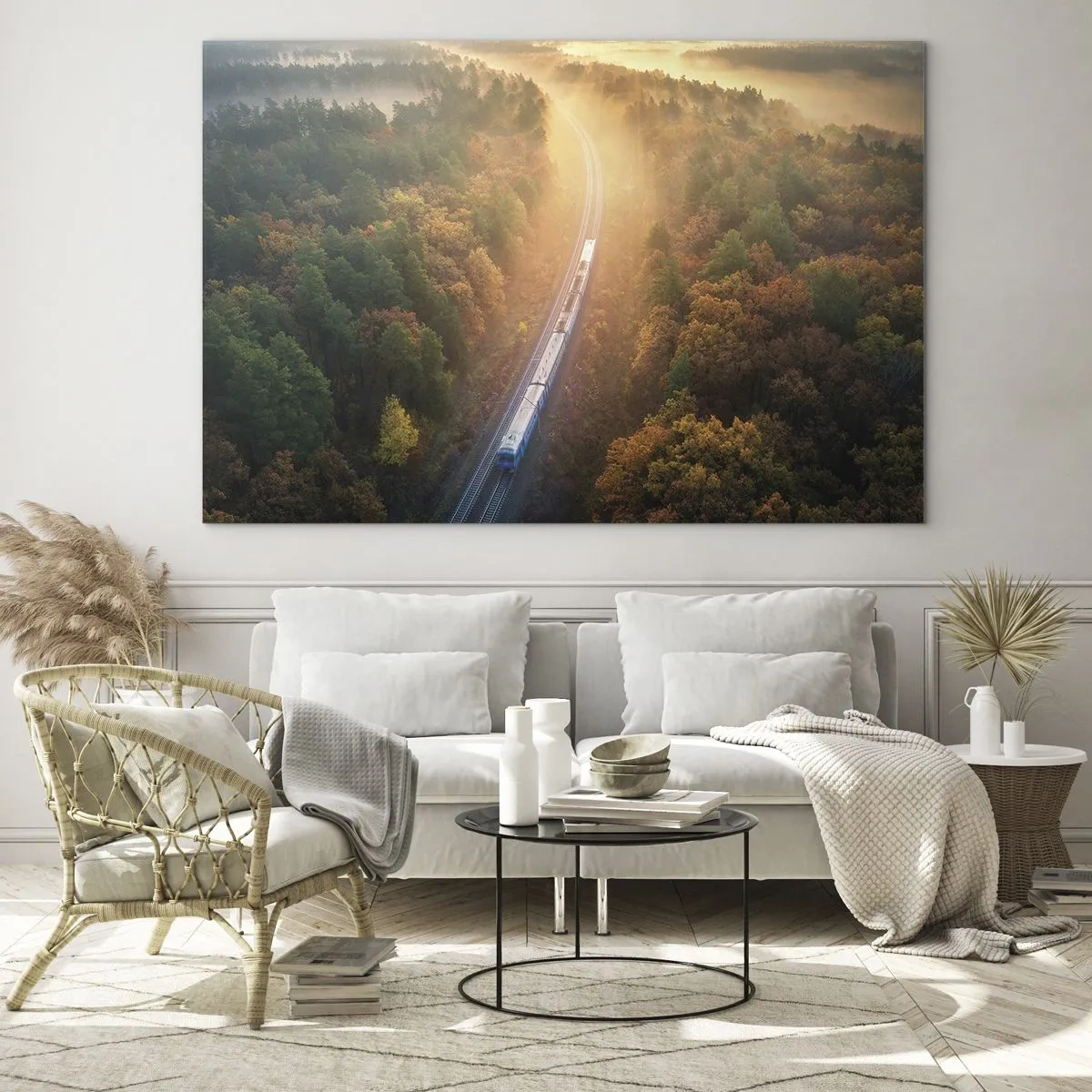 Quadro em vidro - Um trem em um cenário pitoresco de outono, cheio de calor e nostalgia - 70x50cm - Uma viagem de outono - Decoração de parede moderna para a sala de estar e quarto ARTTOR