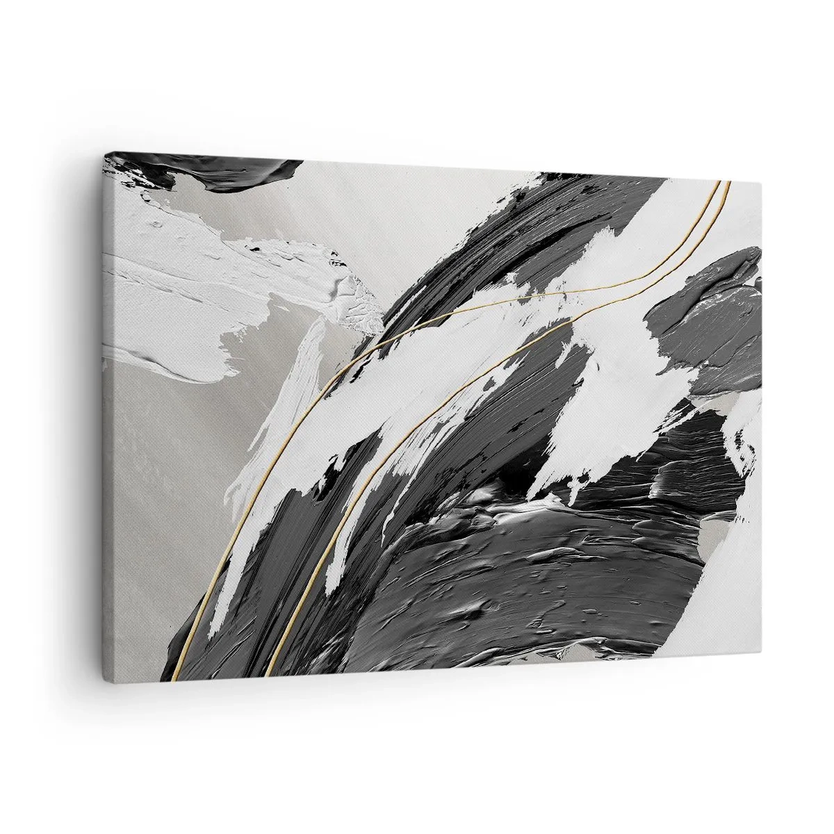 Quadro em tela - Pinceladas de tinta preta e branca com um sutil toque dourado - 70x50cm - Abstração em grande escala - Decoração de parede moderna para a sala de estar e quarto ARTTOR