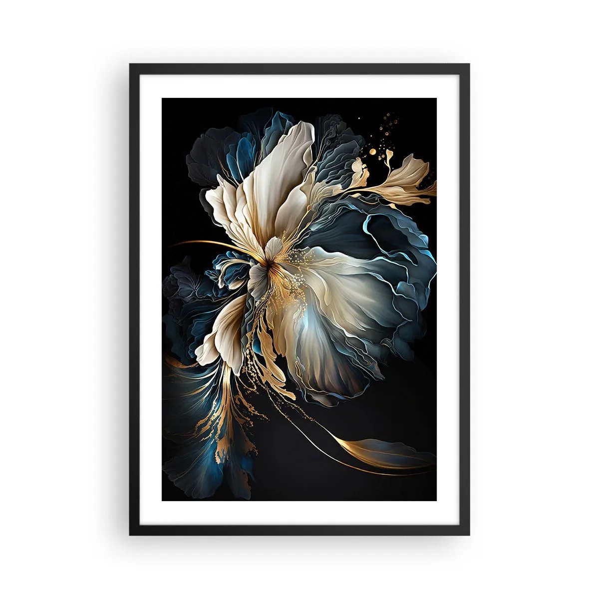 Pôster com moldura preta - Um elegante arranjo floral abstrato em dourado e azul marinho. - 50x70cm - Flor de samambaia de conto de fadas - Decoração de parede moderna para a sala de estar e quarto ARTTOR