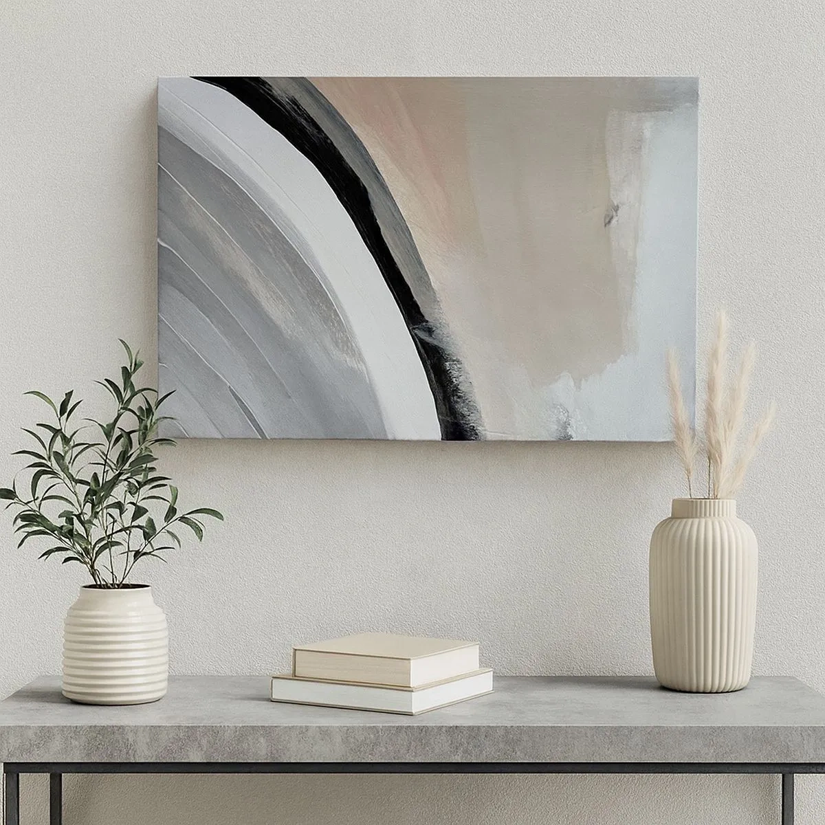 Quadro em tela - Arco abstrato em tons de preto, cinza e bege - 70x50cm - Composição: arco preto e cinza - Decoração de parede moderna para a sala de estar e quarto ARTTOR