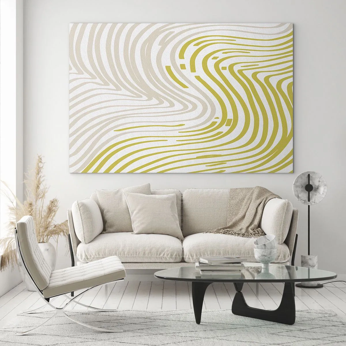 Quadro em vidro - Linhas orgânicas em tons de bege e limão sobre fundo branco - 70x50cm - Uma composição com uma curvatura suave - Decoração de parede moderna para a sala de estar e quarto ARTTOR