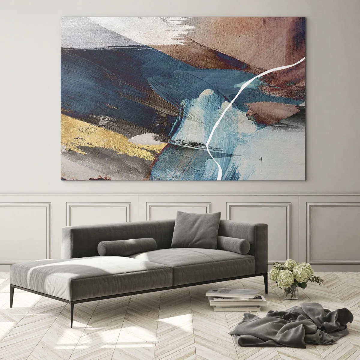Quadro em vidro - Uma composição abstrata em turquesa, dourado e marrom. - 70x50cm - Com elegância e energia - Decoração de parede moderna para a sala de estar e quarto ARTTOR