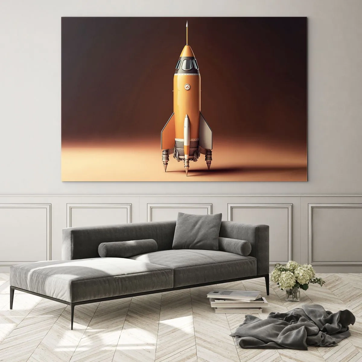 Quadro em vidro - Um foguete laranja contra um fundo de luz suave - 70x50cm - Tudo começa com um sonho - Decoração de parede moderna para a sala de estar e quarto ARTTOR