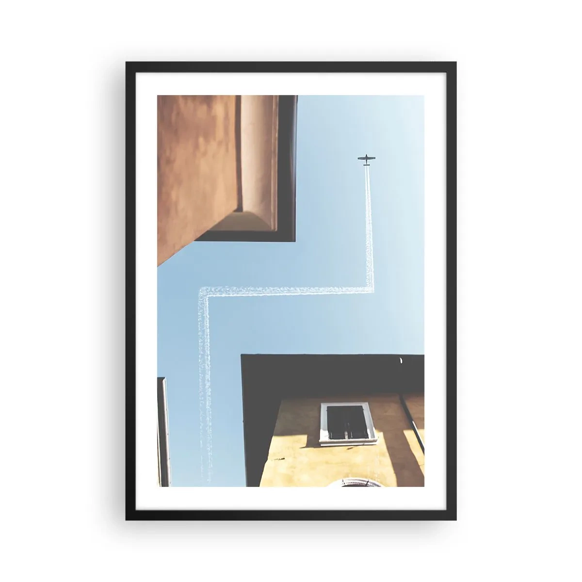 Pôster com moldura preta - Perspectiva de edifícios com um avião e um caminho incomum no céu - 50x70cm - Acima do labirinto da cidade - Decoração de parede moderna para a sala de estar e quarto ARTTOR