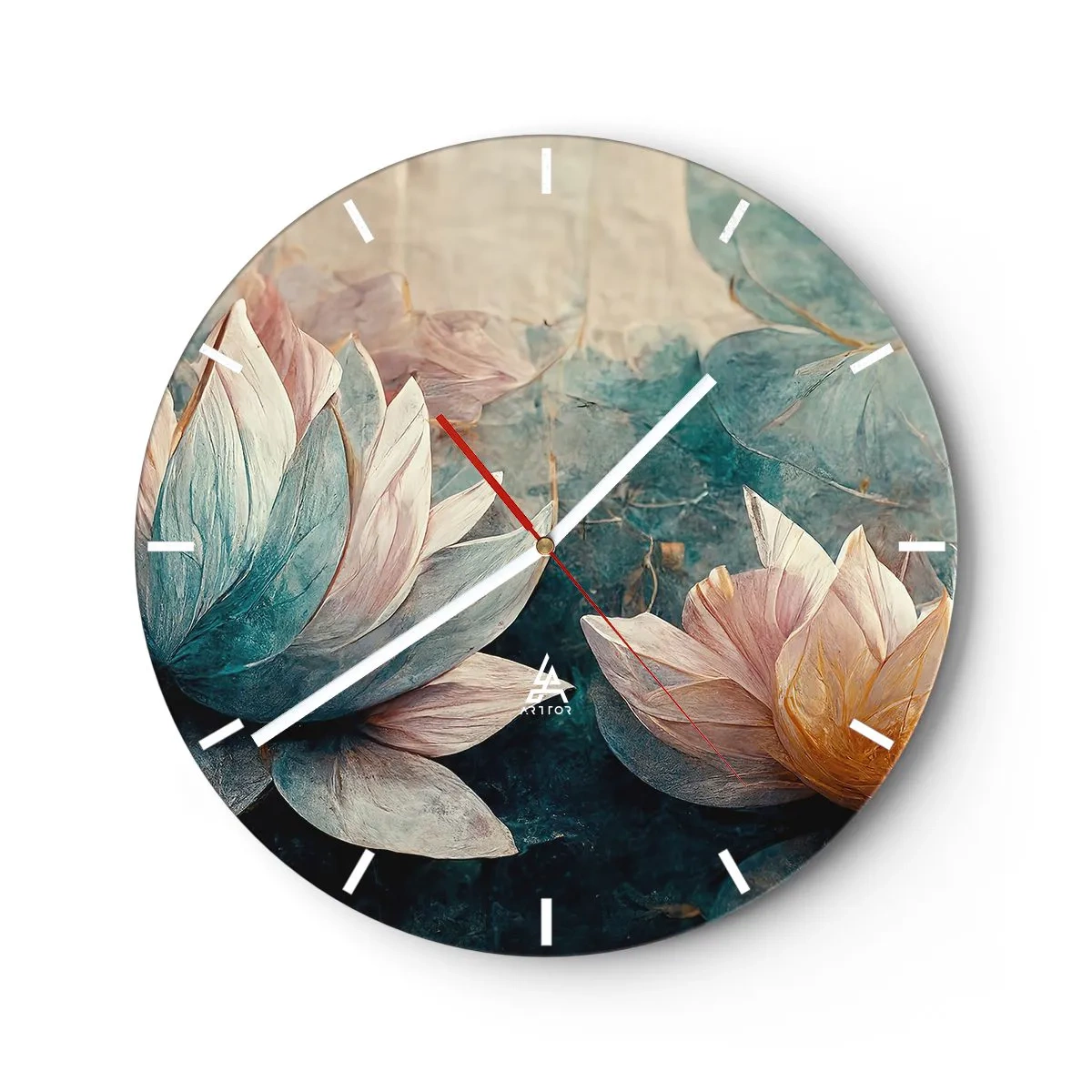 Relógio de parede - Relógio em vidro - Flores de lótus contra o fundo da superfície verde-azulada do lago - 30x30cm - Estrelas do lago - Decoração de parede moderna para a sala de estar, cozinha e quarto ARTTOR