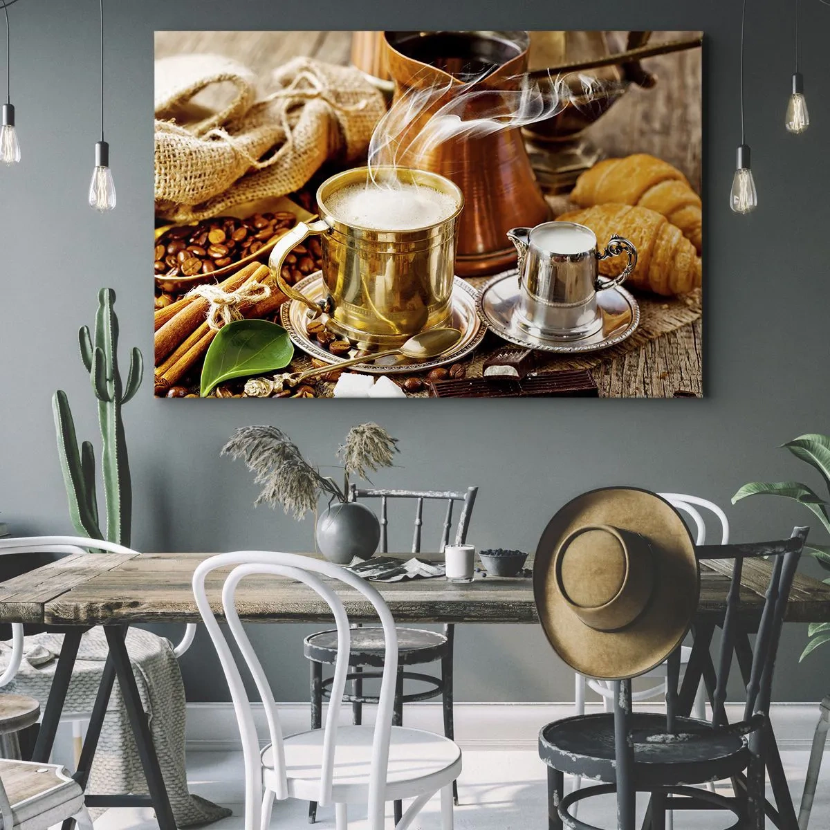 Quadro em tela - Uma caneca dourada de café cercada por grãos, jarras e croissants - 70x50cm - Bons dias! - Decoração de parede moderna para a sala de estar e quarto ARTTOR