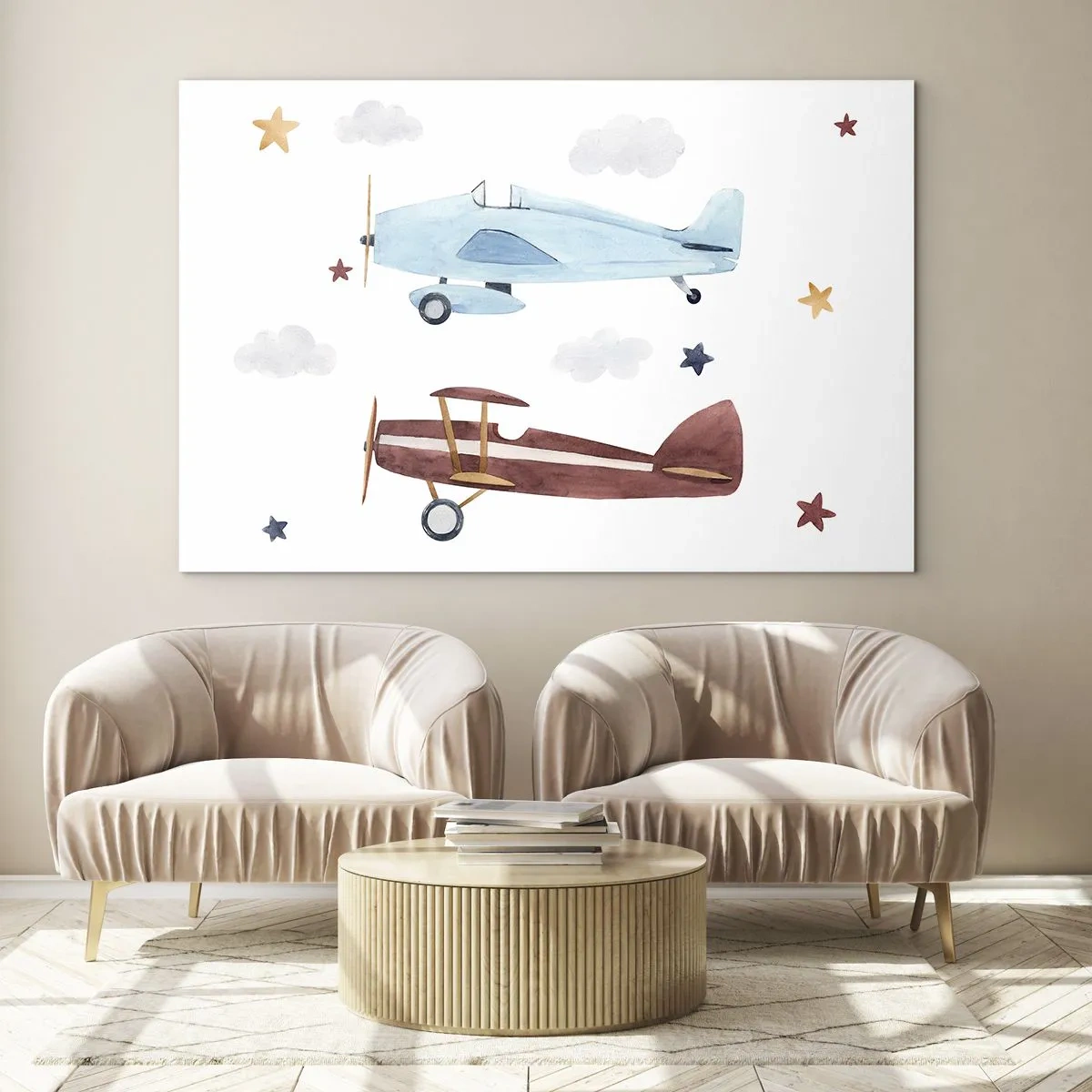 Quadro em vidro - Dois aviões coloridos entre as estrelas e nuvens - 70x50cm - Sr. Piloto, estamos a aguardar! - Decoração de parede moderna para a sala de estar e quarto ARTTOR