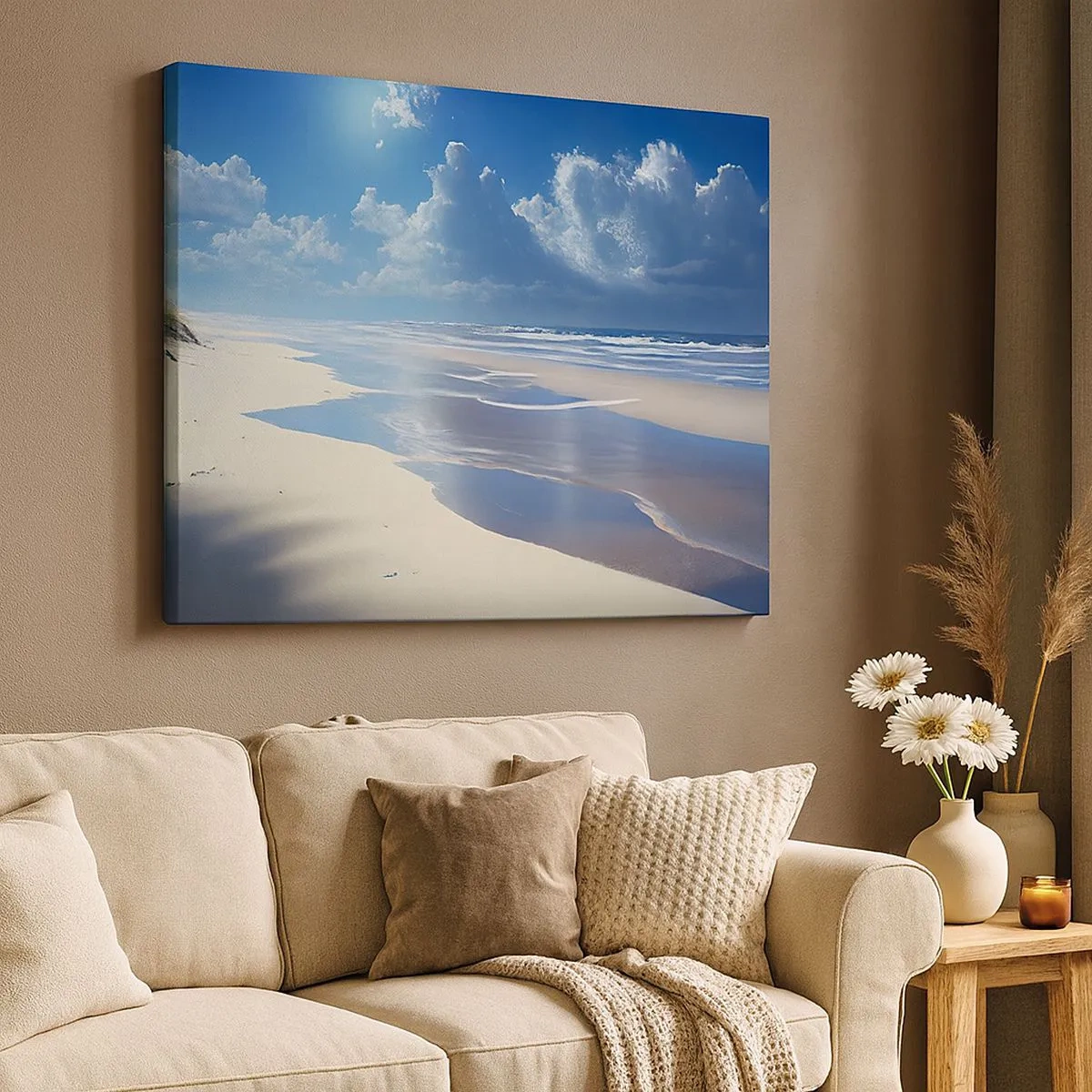 Quadro em tela - Uma praia de areia com ondas sob um céu azul - 70x50cm - Férias no paraíso - Decoração de parede moderna para a sala de estar e quarto ARTTOR