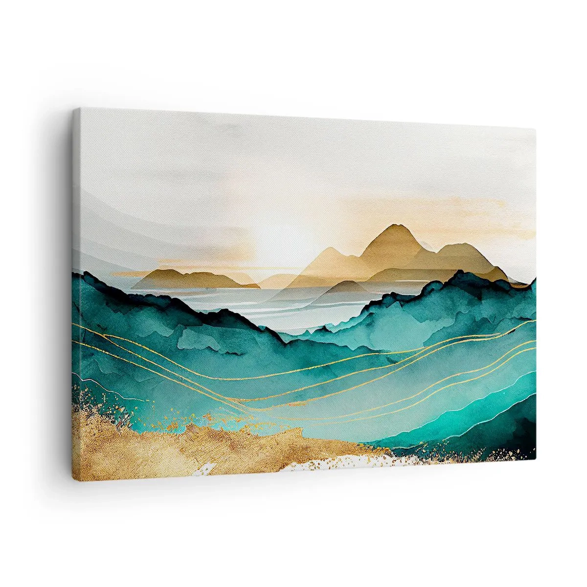 Quadro em tela - Paisagem abstrata com montanhas e detalhes dourados - 70x50cm - À beira da abstração – paisagem - Decoração de parede moderna para a sala de estar e quarto ARTTOR