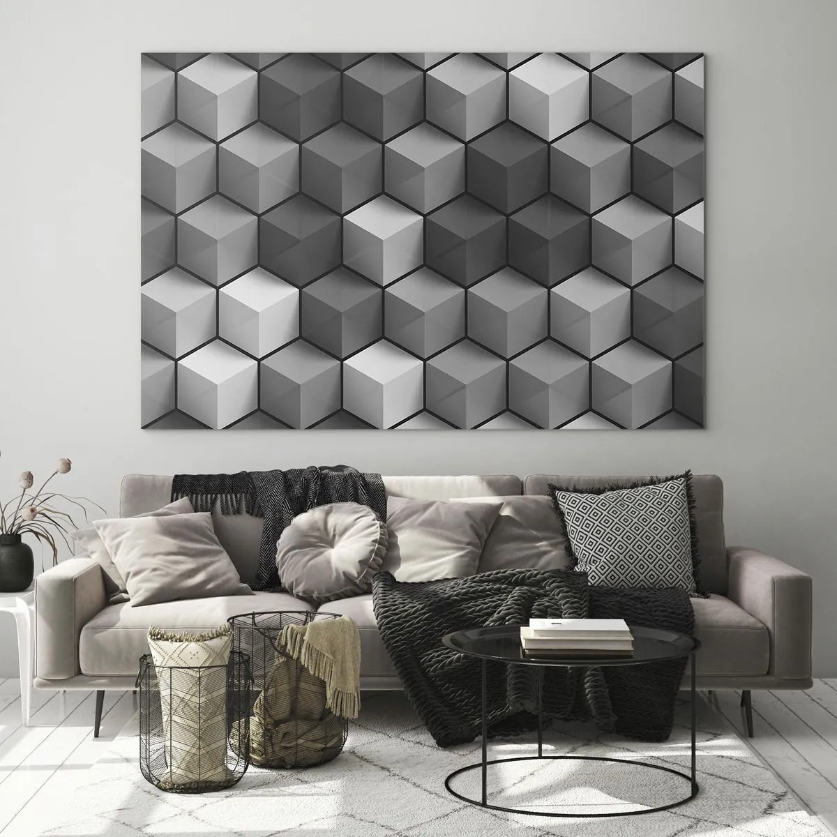 Quadro em vidro - Cubos geométricos em tons de cinza - 70x50cm - Quebra-cabeça cubista - Decoração de parede moderna para a sala de estar e quarto ARTTOR