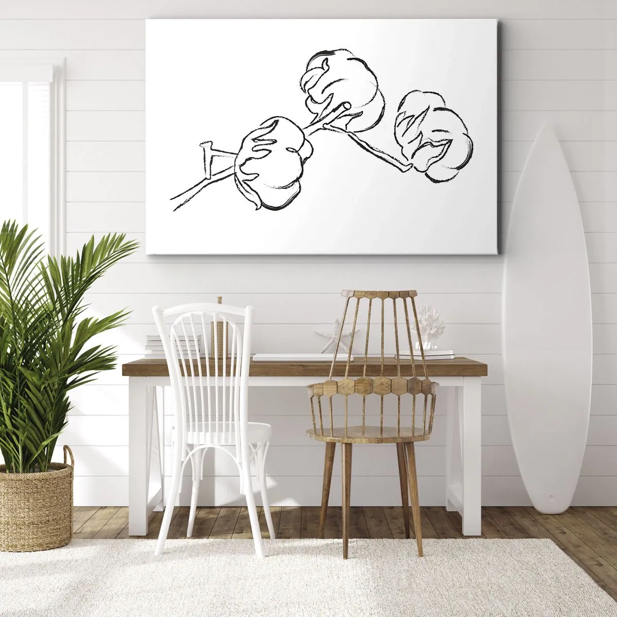 Quadro em tela - Um contorno delicado de um galho de algodão em um fundo branco - 70x50cm - Algodão para baixo - Decoração de parede moderna para a sala de estar e quarto ARTTOR
