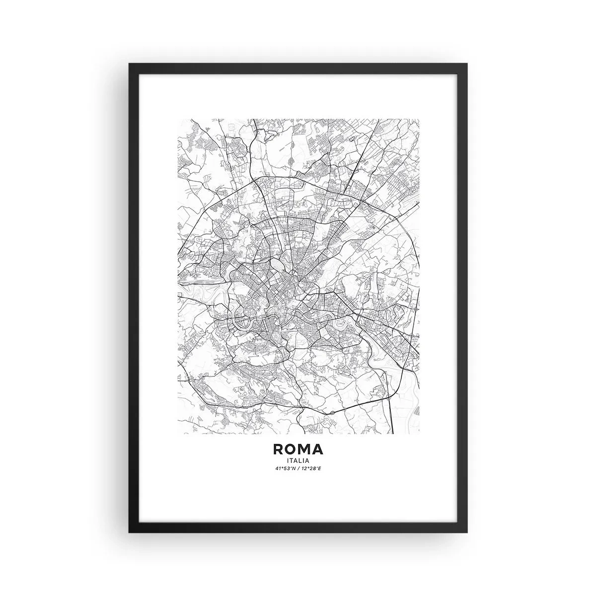 Pôster com moldura preta - Mapa preto e branco de Roma com ruas e monumentos detalhados - 50x70cm - Círculo romano - Decoração de parede moderna para a sala de estar e quarto ARTTOR