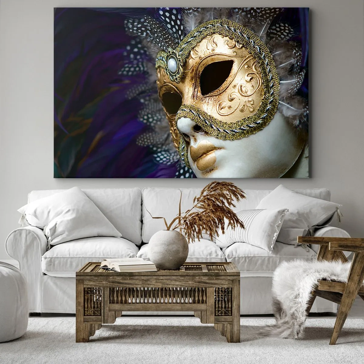Quadro em tela - Máscara veneziana dourada com penas decorativas e ornamentos - 70x50cm - Retrato veneziano em ouro - Decoração de parede moderna para a sala de estar e quarto ARTTOR