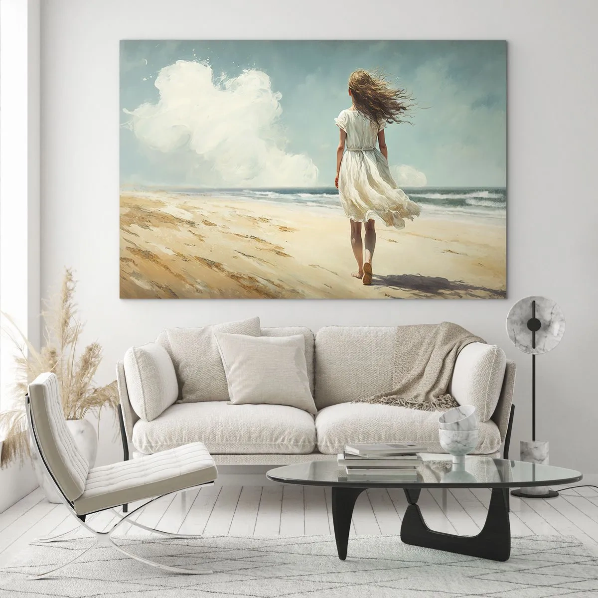 Quadro em vidro - Uma mulher de vestido branco caminhando descalça em uma praia ensolarada - 70x50cm - Para encontrar o sol e o vento - Decoração de parede moderna para a sala de estar e quarto ARTTOR