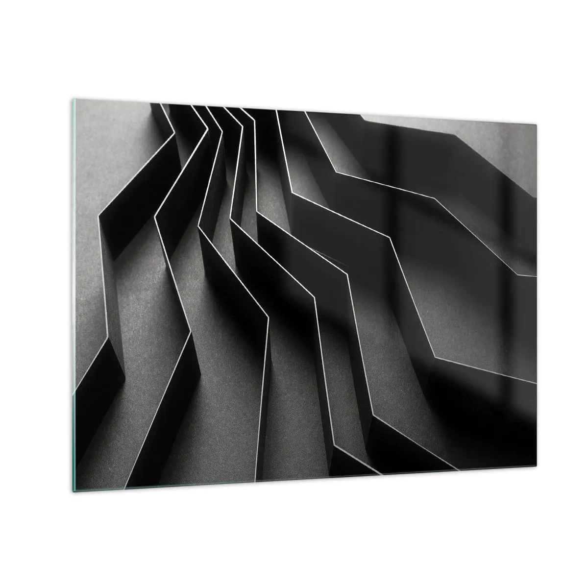 Quadro em vidro - Formas geométricas pretas com profundidade e claro-escuro - 70x50cm - Ordem espacial - Decoração de parede moderna para a sala de estar e quarto ARTTOR