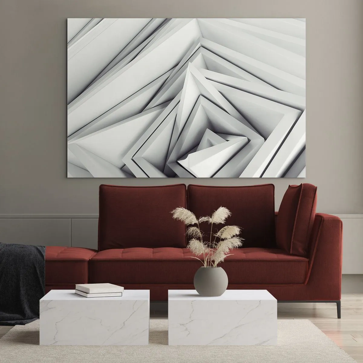 Quadro em vidro - Formas geométricas tridimensionais em tons de cinza - 70x50cm - Cantos vivos - Decoração de parede moderna para a sala de estar e quarto ARTTOR