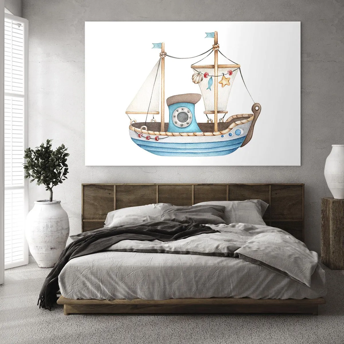 Quadro em vidro - Ilustração de um navio infantil em um fundo branco - 70x50cm - Vamos a isso! - Decoração de parede moderna para a sala de estar e quarto ARTTOR
