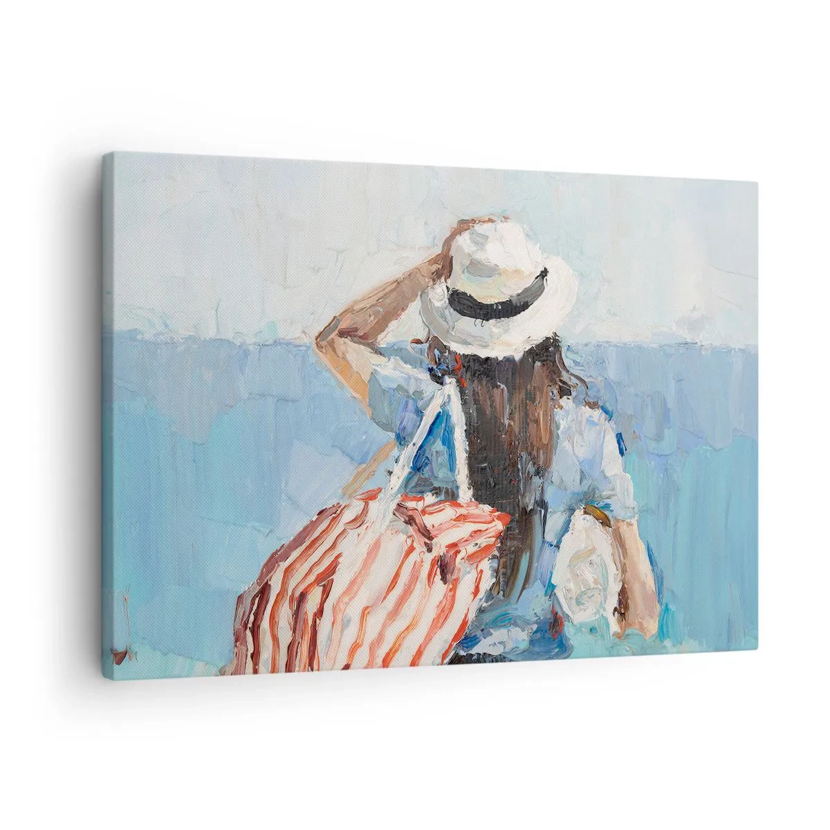 Quadro em tela - Uma mulher de chapéu contra o mar azul - 70x50cm - Bem-vindo às suas férias - Decoração de parede moderna para a sala de estar e quarto ARTTOR