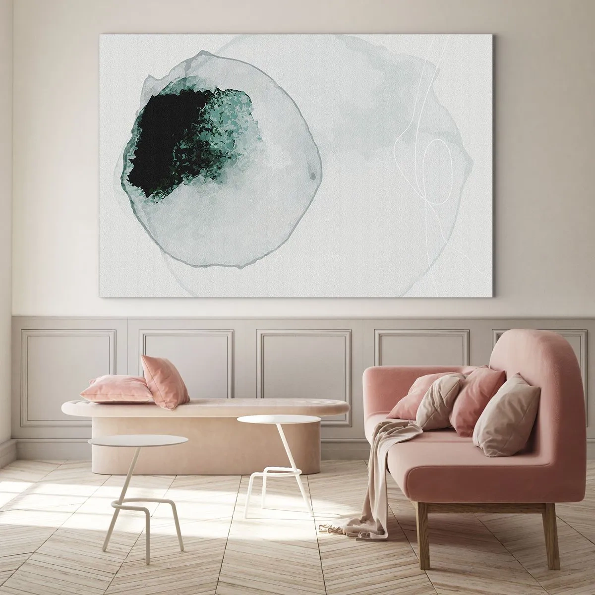 Quadro em vidro - Uma forma abstrata que lembra uma gota de água em tons de verde. - 70x50cm - Numa gota d'água - Decoração de parede moderna para a sala de estar e quarto ARTTOR