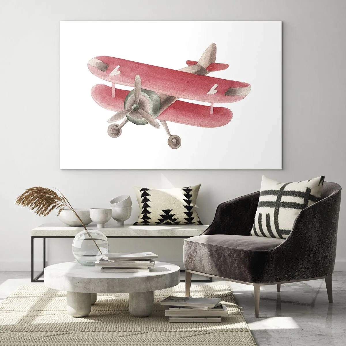 Quadro em vidro - Biplano estilo retrô em tons de vermelho - 70x50cm - Pronto para voos altos - Decoração de parede moderna para a sala de estar e quarto ARTTOR