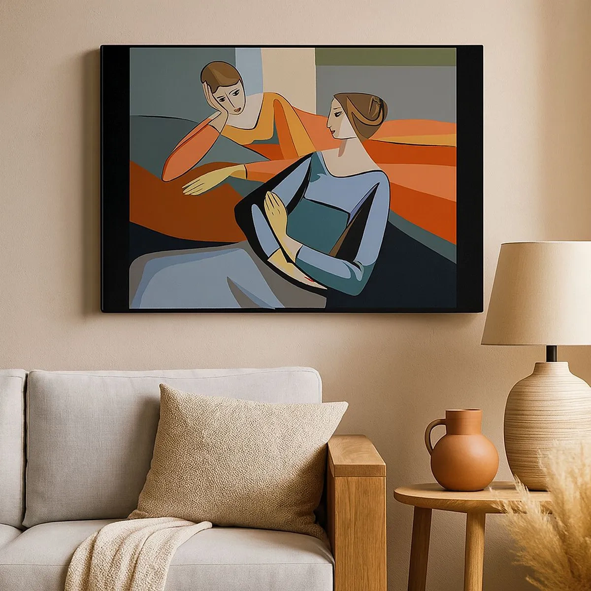 Quadro em tela - Ilustração abstrata de duas mulheres no estilo cubista - 70x50cm - Um momento de confiança - Decoração de parede moderna para a sala de estar e quarto ARTTOR