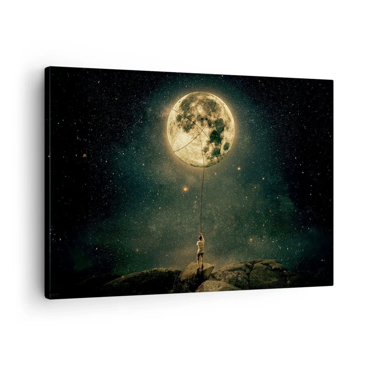 Quadro em tela - Homem com a Lua contra o céu estrelado - 70x50cm - Aquele que roubou a lua - Decoração de parede moderna para a sala de estar e quarto ARTTOR