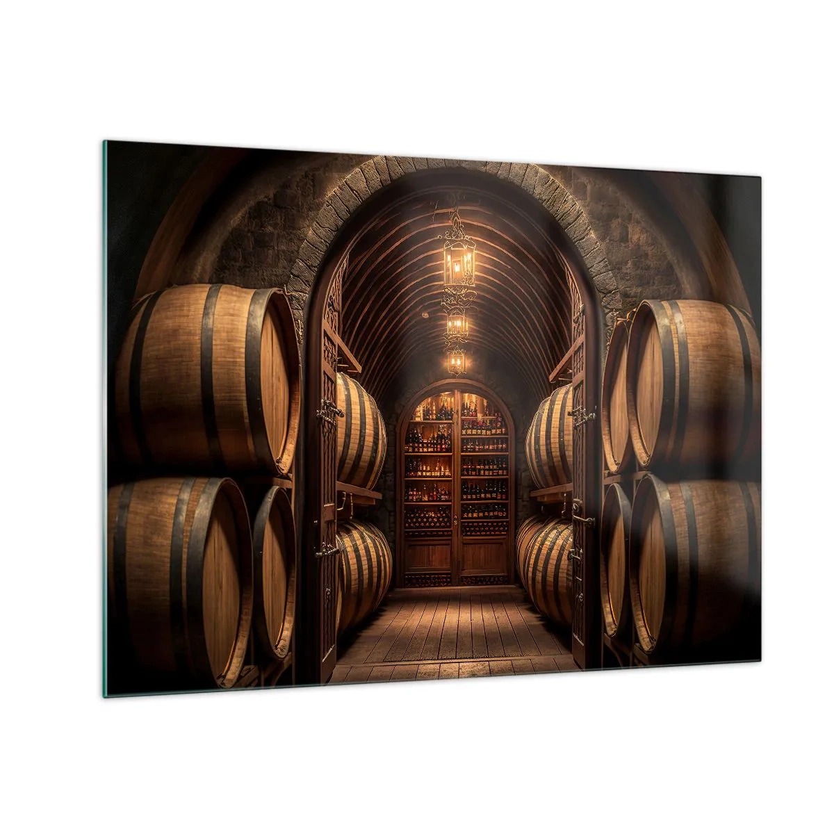 Quadro em vidro - Um vinhedo com barricas e uma adega iluminada cheia de garrafas - 70x50cm - Porão atmosférico - Decoração de parede moderna para a sala de estar e quarto ARTTOR