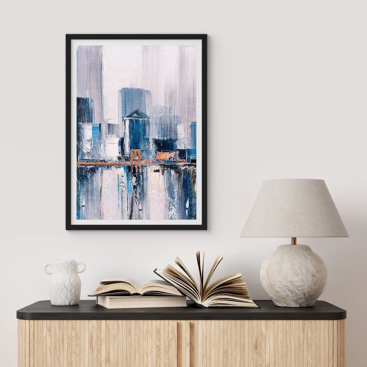 Pôster com moldura preta - Panorama abstrato da cidade em tons de azul e branco - 50x70cm - Impressão de Nova York - Decoração de parede moderna para a sala de estar e quarto ARTTOR