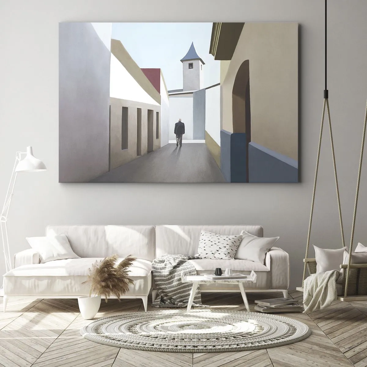Quadro em tela - Uma rua minimalista com a silhueta de um homem ao fundo - 70x50cm - Um passeio ensolarado - Decoração de parede moderna para a sala de estar e quarto ARTTOR