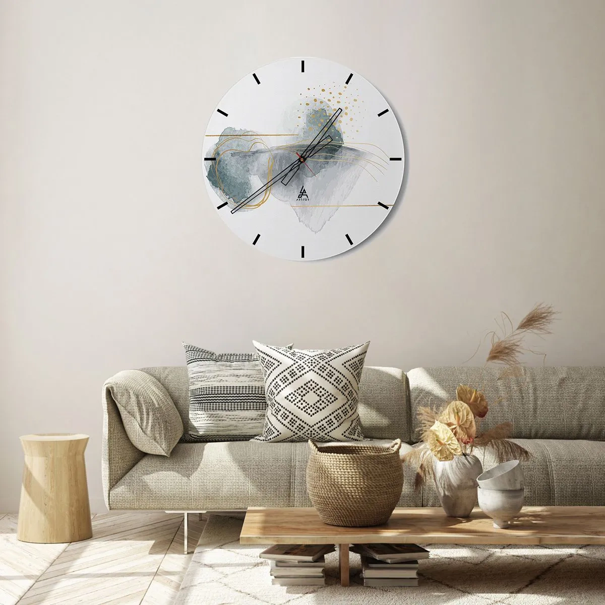 Relógio de parede - Relógio em vidro - Formas abstratas em tons pastéis com linhas e pontos dourados sobre fundo branco. - 30x30cm - Sobre a relação entre o cinza e o dourado - Decoração de parede moderna para a sala de estar, cozinha e quarto ARTTOR