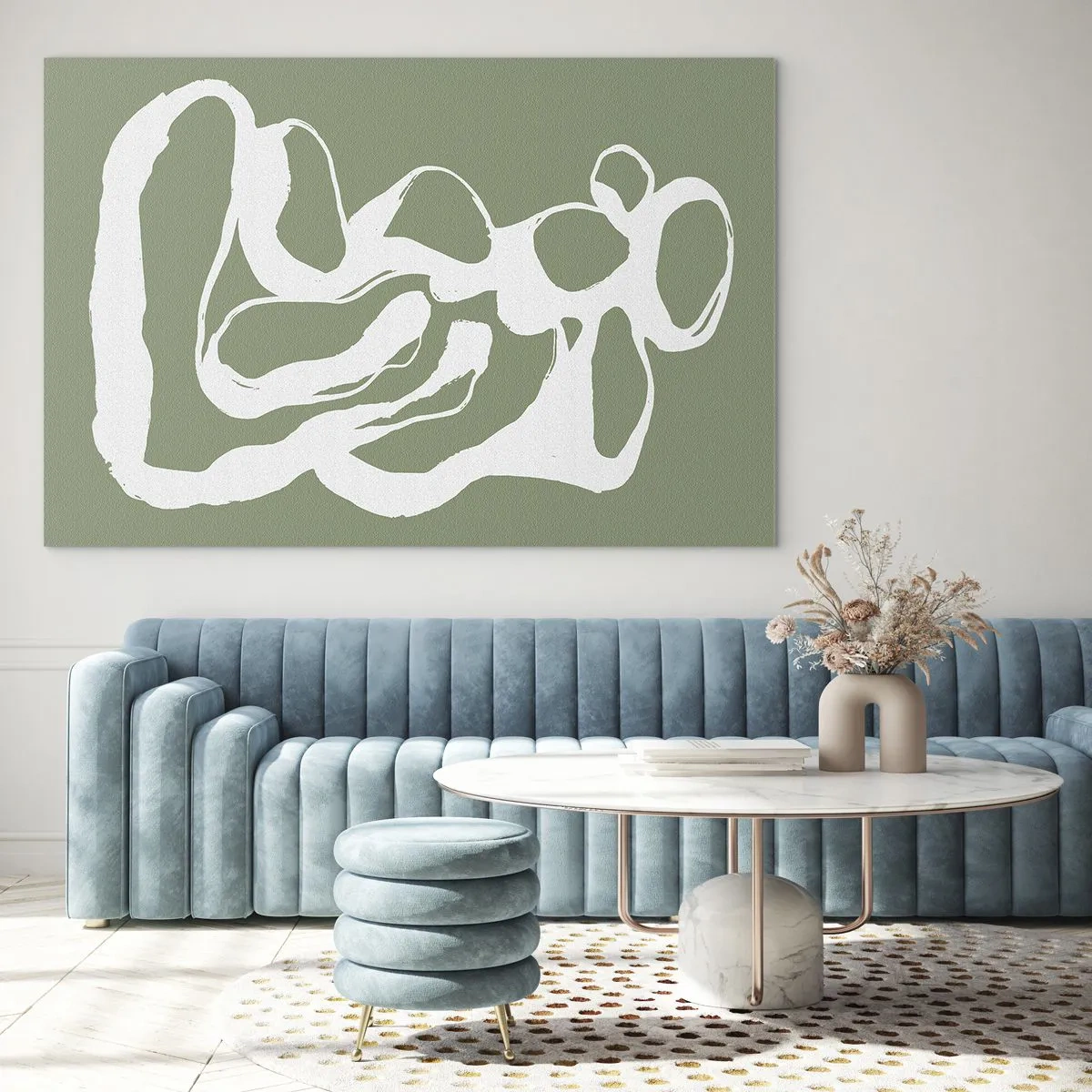 Quadro em vidro - Forma orgânica branca abstrata em um fundo verde-oliva - 70x50cm - A chamada do espaço - Decoração de parede moderna para a sala de estar e quarto ARTTOR