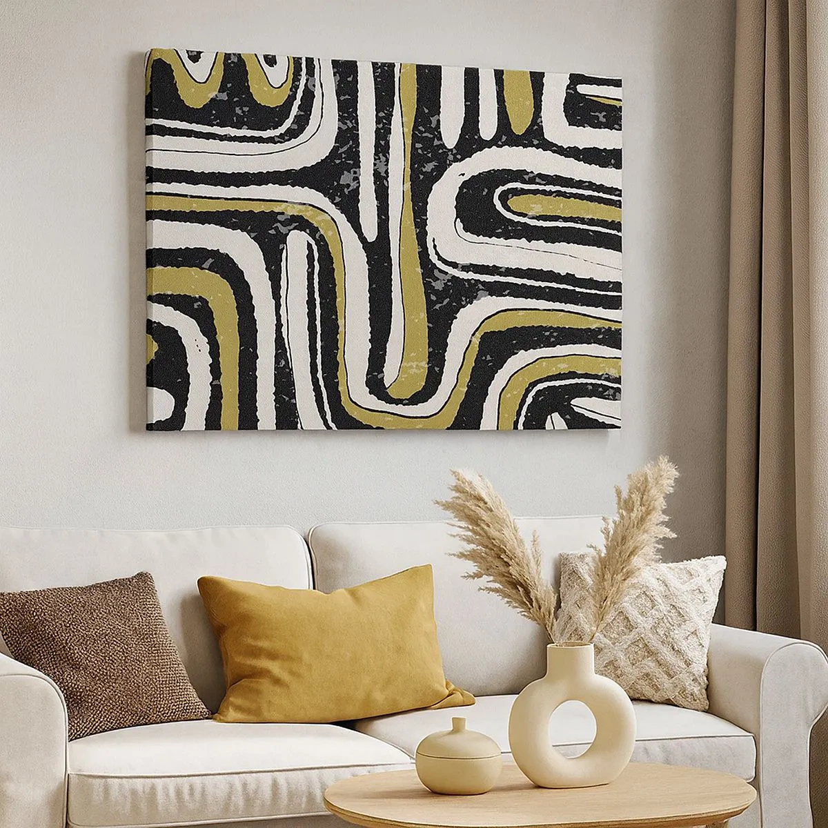 Quadro em tela - Padrão abstrato em preto, branco e dourado - 70x50cm - Composição: estradas e becos - Decoração de parede moderna para a sala de estar e quarto ARTTOR