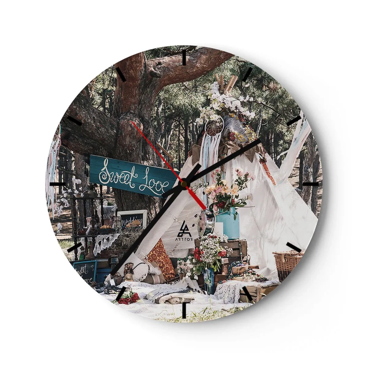 Relógio de parede - Relógio em vidro - Decoração de casamento romântica em um ambiente de floresta - 30x30cm - Make love… - Decoração de parede moderna para a sala de estar, cozinha e quarto ARTTOR