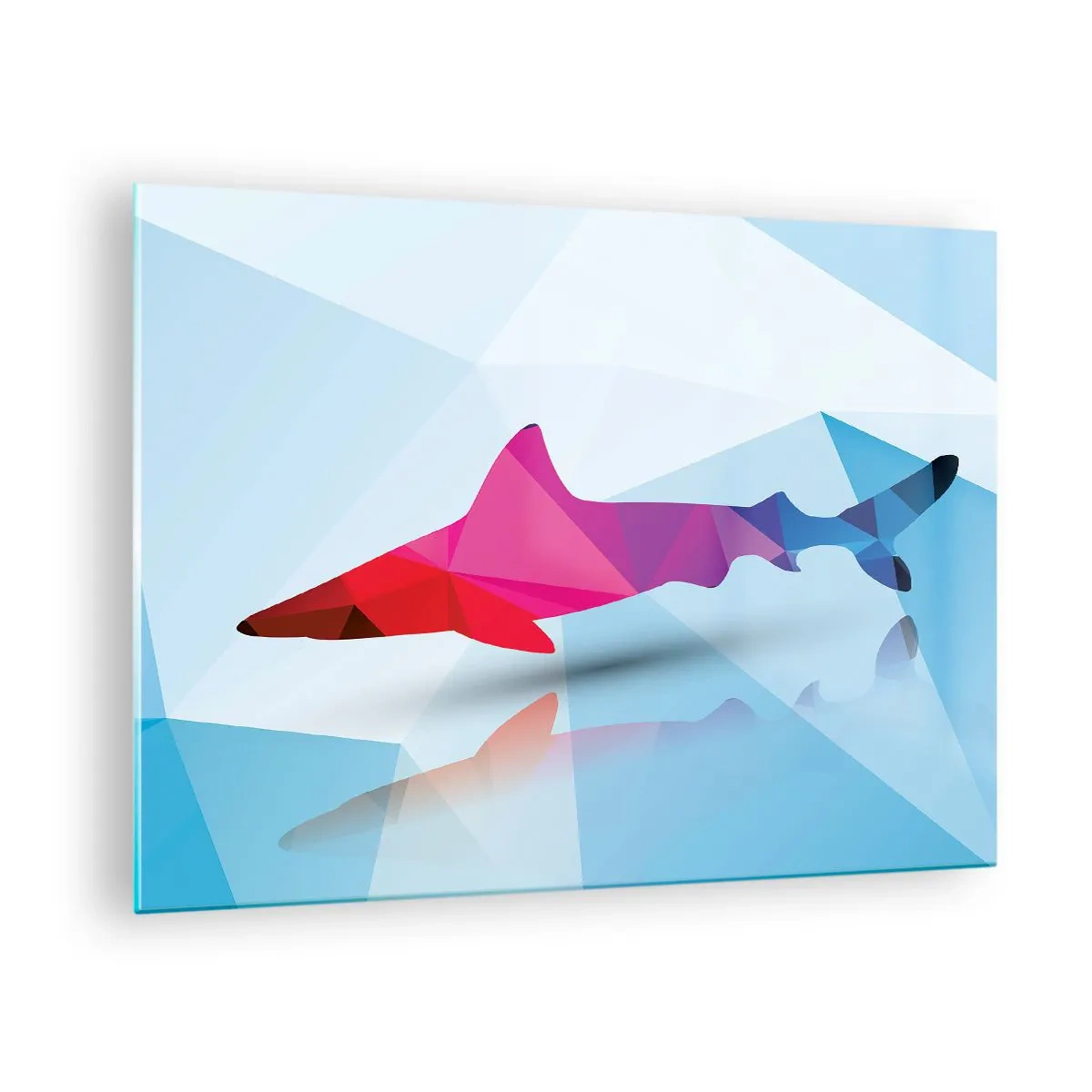 Quadro em vidro - Tubarão geométrico em tons de vermelho e azul - 70x50cm - Tubarão no espaço de cristal - Decoração de parede moderna para a sala de estar e quarto ARTTOR