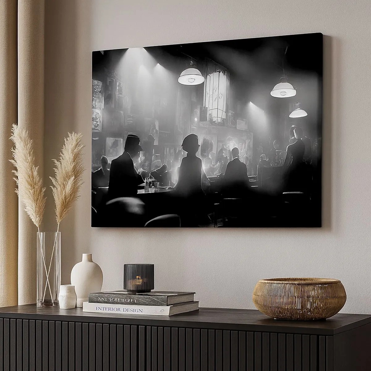 Quadro em tela - Cena de boate de jazz em preto e branco - 70x50cm - Em uma atmosfera de jazz - Decoração de parede moderna para a sala de estar e quarto ARTTOR