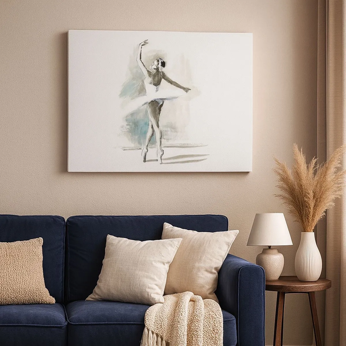Quadro em tela - Uma bailarina em pose de balé sobre um fundo de delicados tons de aquarela. - 70x50cm - Encantada num cisne - Decoração de parede moderna para a sala de estar e quarto ARTTOR