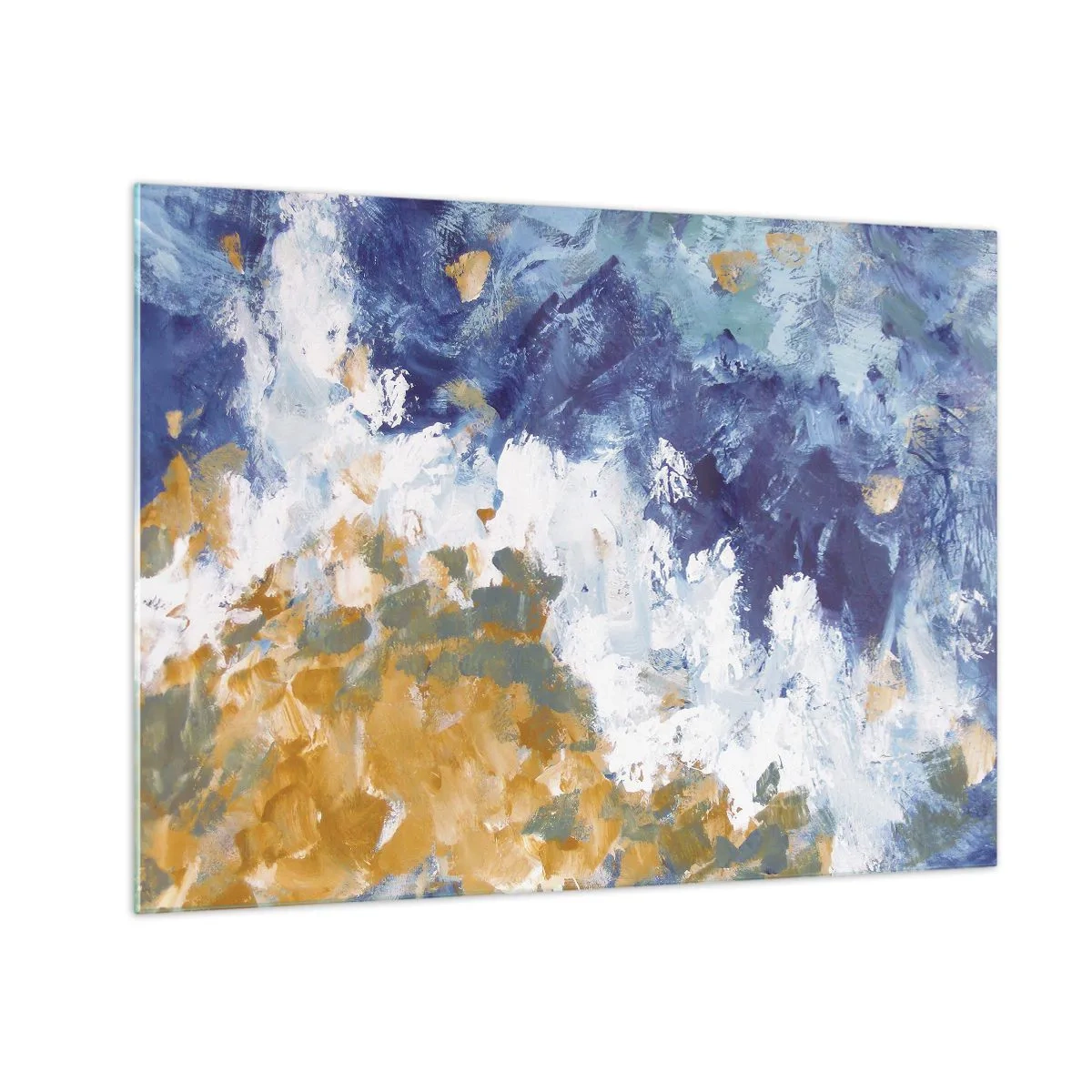 Quadro em vidro - Pinceladas abstratas em azul, branco e dourado - 70x50cm - Dança dos elementos - Decoração de parede moderna para a sala de estar e quarto ARTTOR