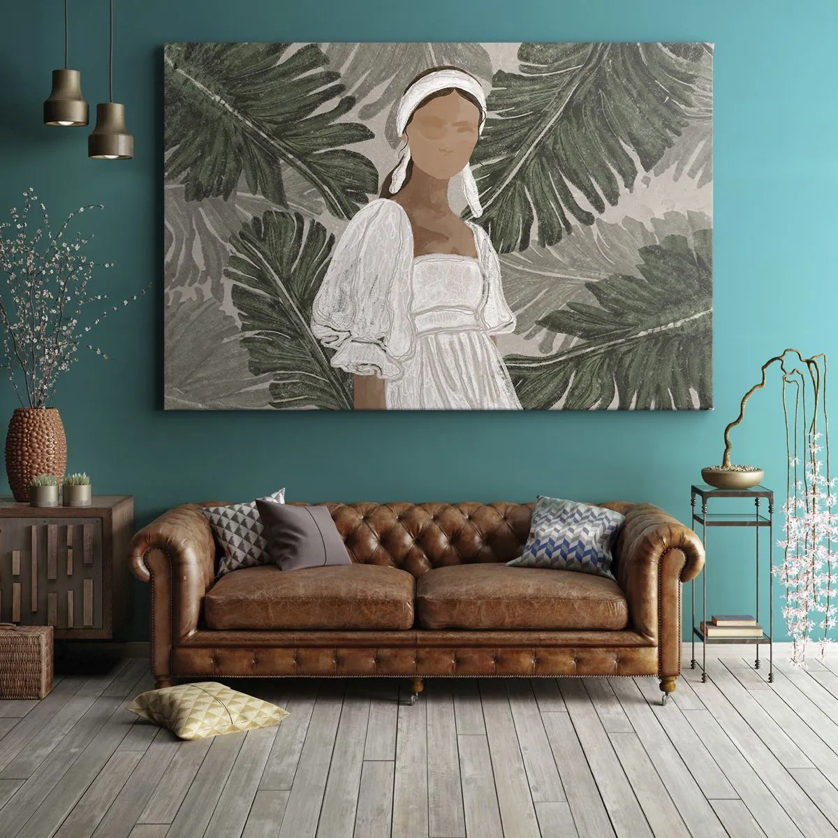 Quadro em tela - Retrato de uma mulher em um vestido branco contra um fundo de folhas de monstera - 70x50cm - Retrato exótico - Decoração de parede moderna para a sala de estar e quarto ARTTOR