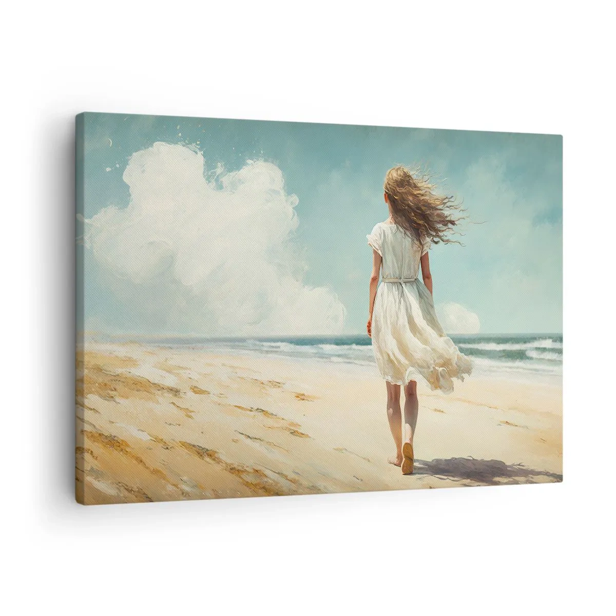 Quadro em tela - Uma mulher de vestido branco caminhando na praia em um dia ensolarado - 70x50cm - Para encontrar o sol e o vento - Decoração de parede moderna para a sala de estar e quarto ARTTOR