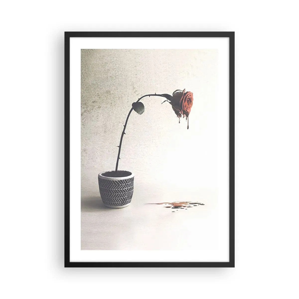 Pôster com moldura preta - Uma rosa em vaso com um efeito artístico fluido - 50x70cm - Rosa dolorosa - Decoração de parede moderna para a sala de estar e quarto ARTTOR