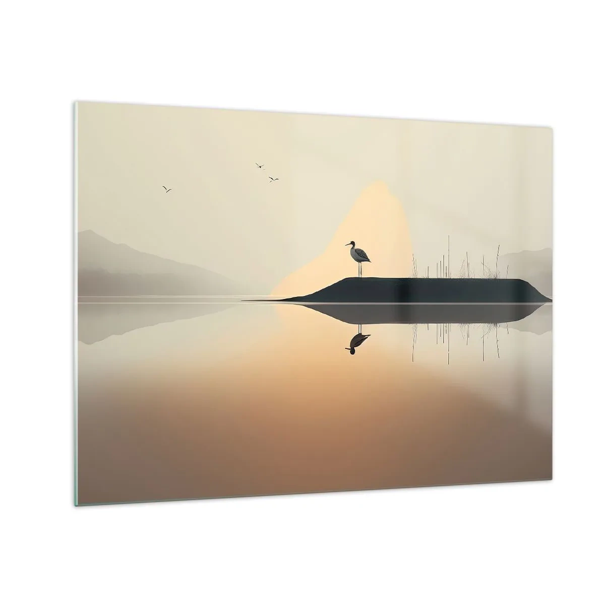 Quadro em vidro - Uma garça em pé em uma ilha nas águas calmas de um lago - 70x50cm - Senhor no lago - Decoração de parede moderna para a sala de estar e quarto ARTTOR