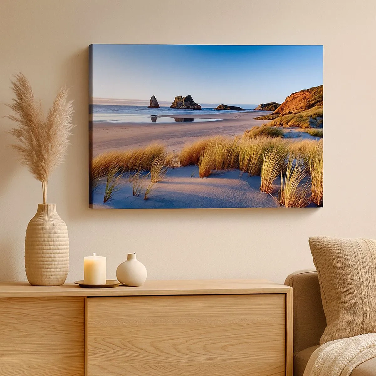 Quadro em tela - Uma praia pitoresca com vista para as rochas e o mar ao pôr do sol - 70x50cm - Para quem busca a paz - Decoração de parede moderna para a sala de estar e quarto ARTTOR