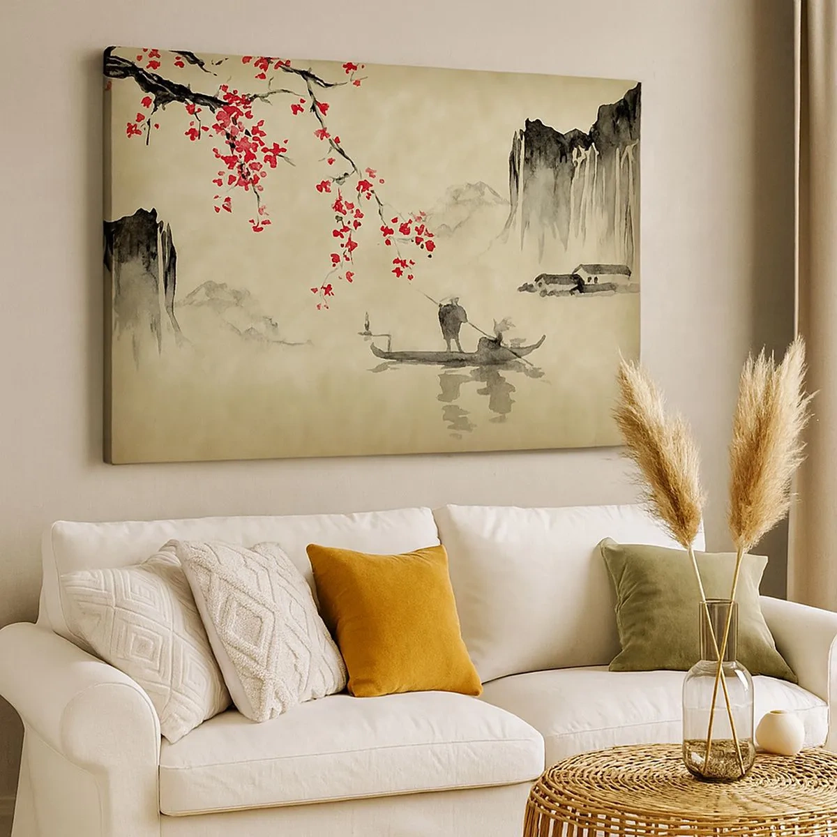 Quadro em tela - Ilustração oriental com um barco e um galho florido - 70x50cm - Na terra do sol nascente - Decoração de parede moderna para a sala de estar e quarto ARTTOR
